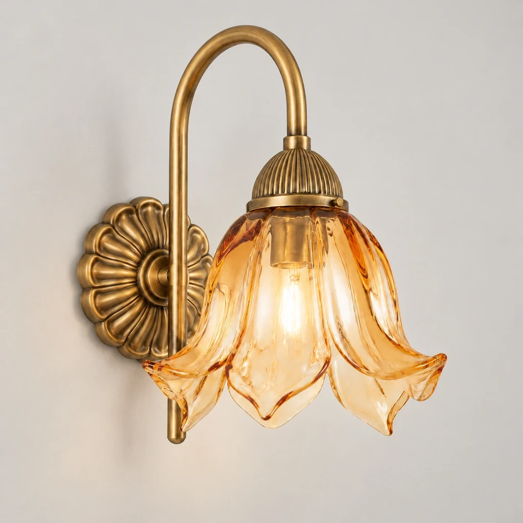 Wushlp Vintage Amber-Petal Glass Wall Light switched on in a neutral studio