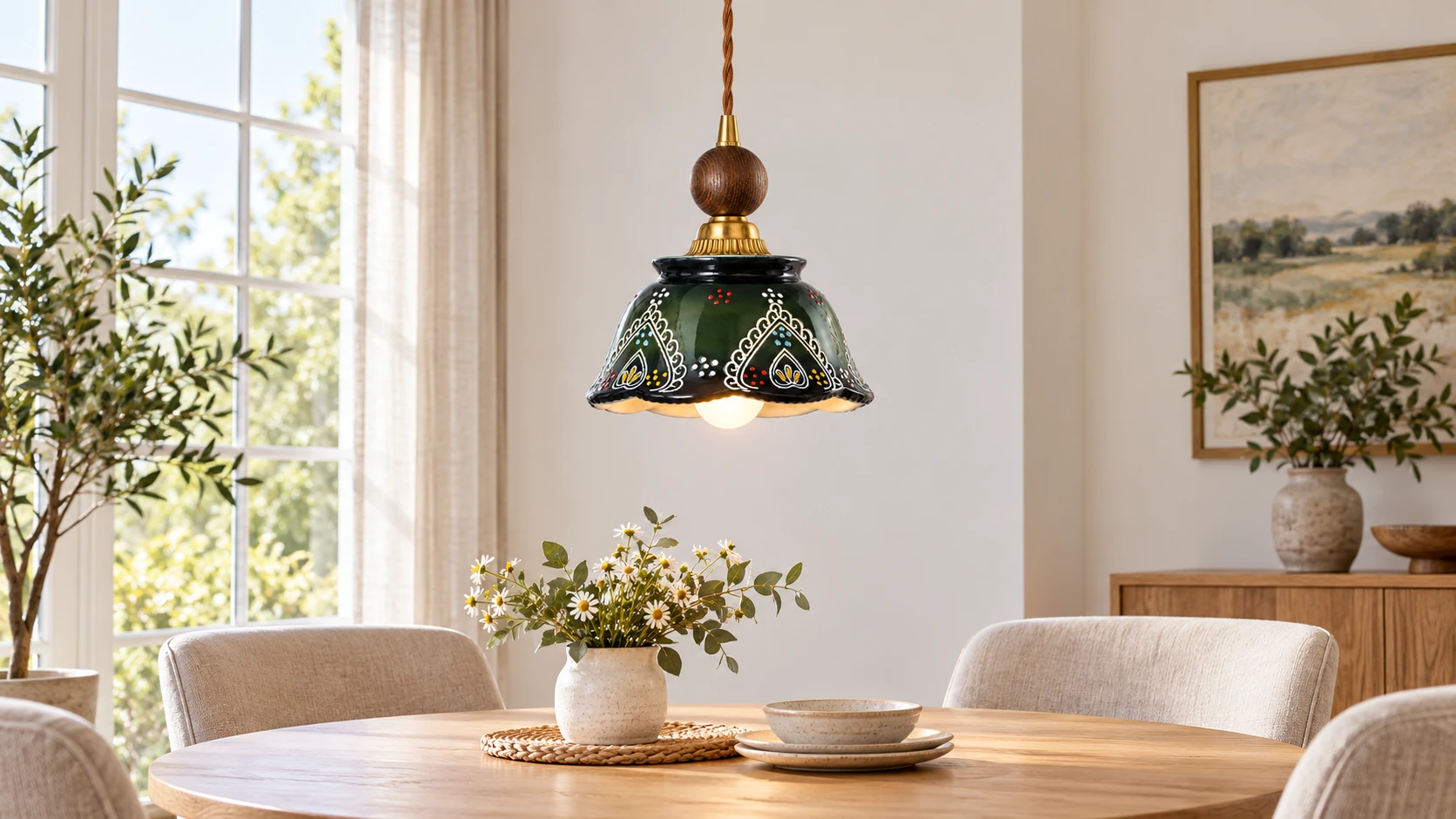 Clara ceramic pendant light in a softly lit interior