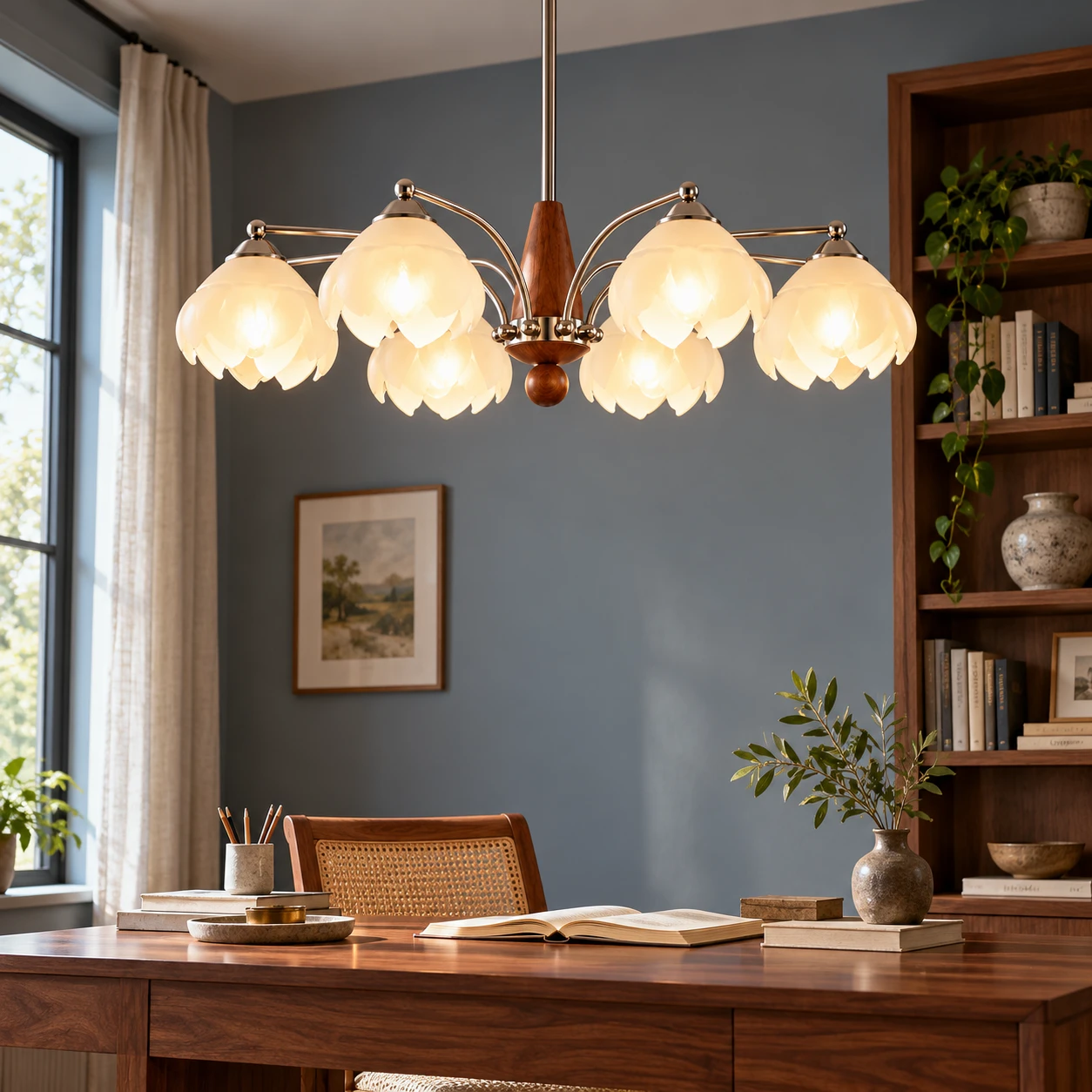 Amelia 6-light chandelier above a study desk, canopy cropped