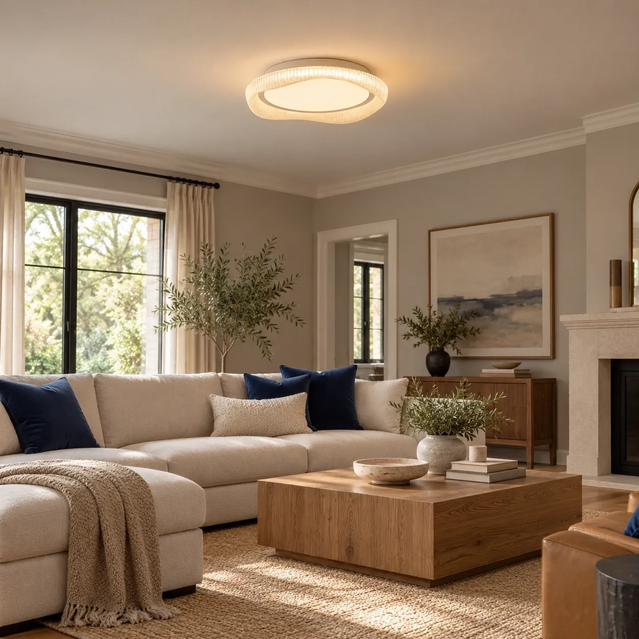 Sofia flush mount in an American greige living room