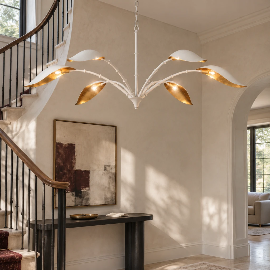Elowen broad chandelier suspended high in a residential entry gallery