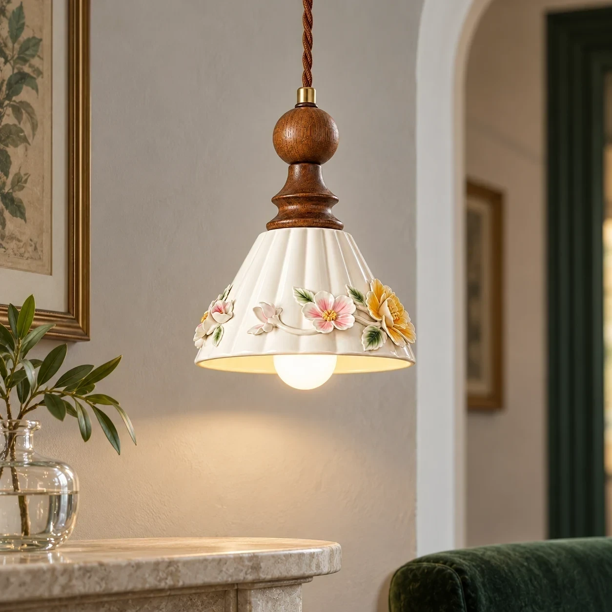 Vintage Floral Ceramic and Wood Pendant Light in a hospitality setting
