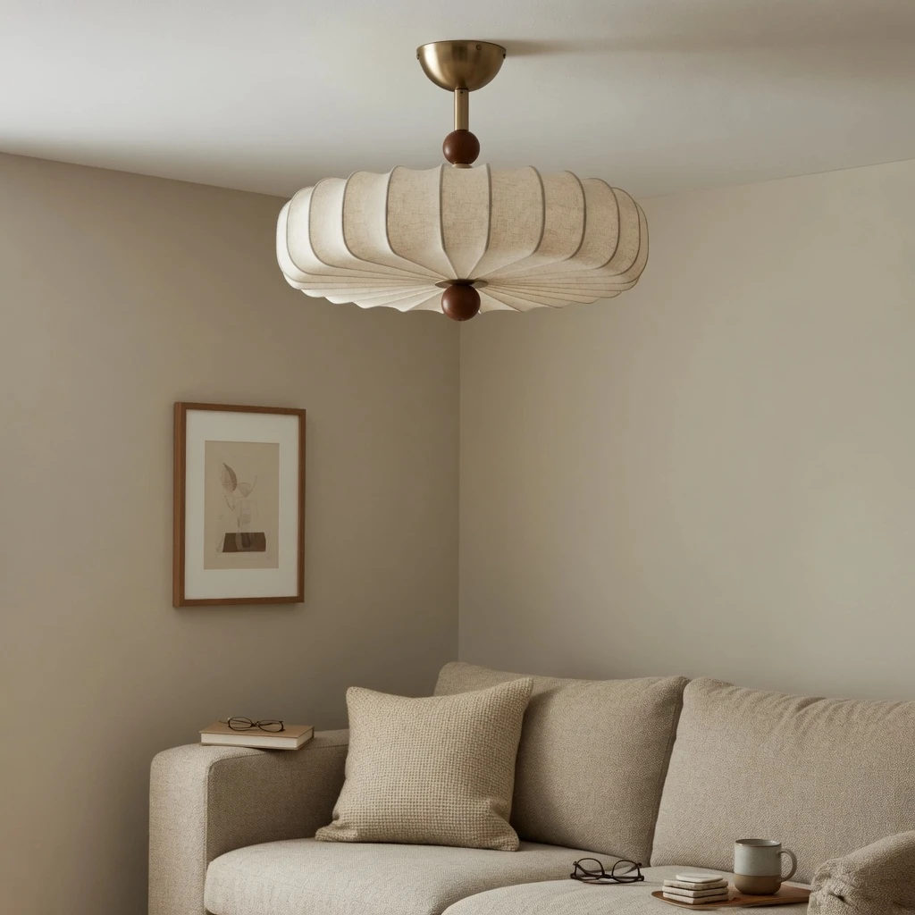 Living scene with the flush mount above the seating nook