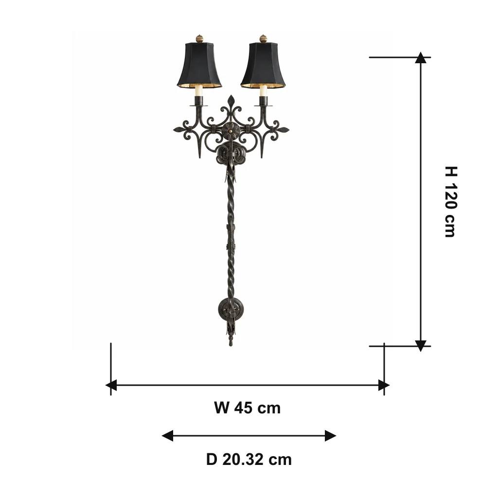 Dimension drawing of the black distressed iron wall sconce, 120 cm high, 45 cm wide and 20.32 cm deep