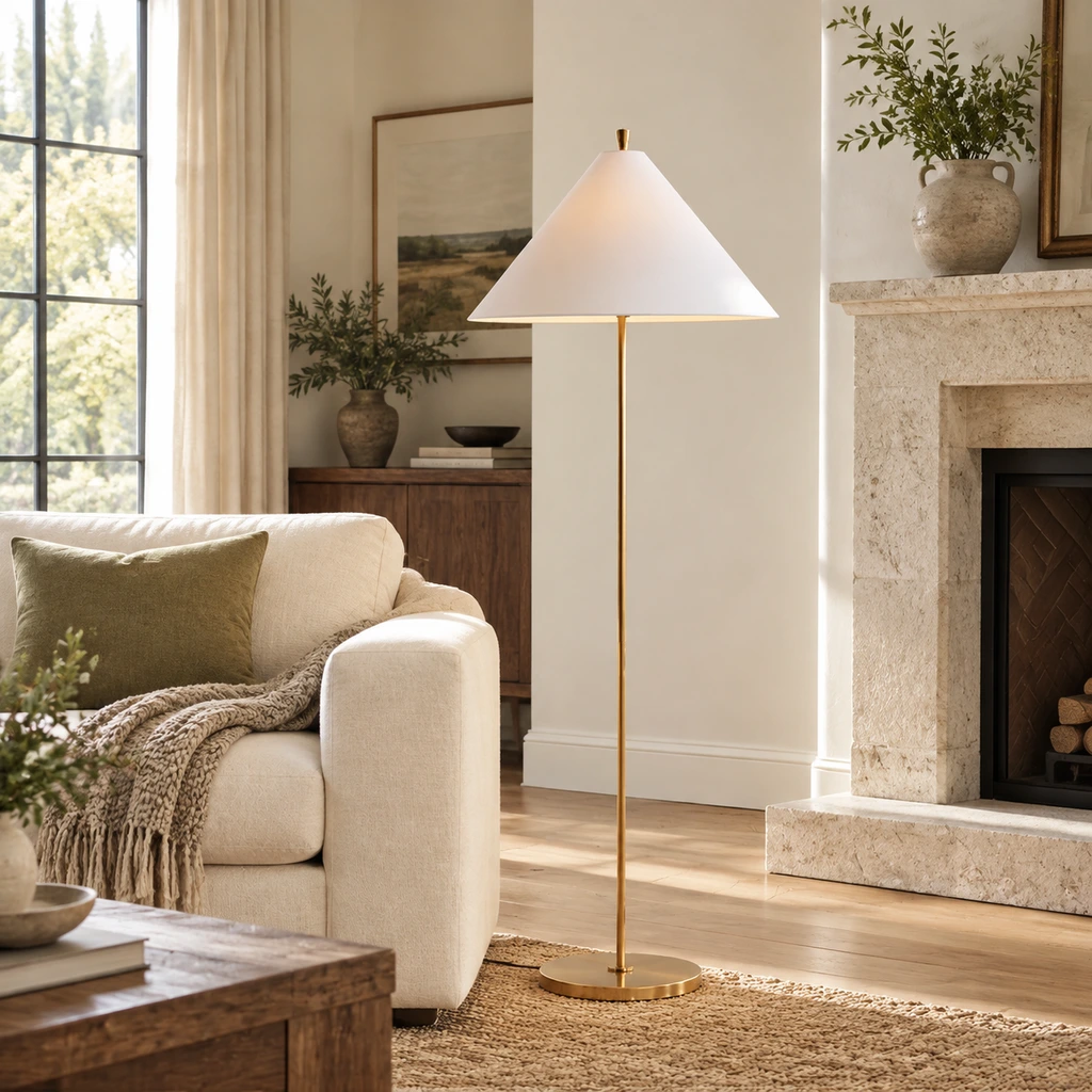 Clara antique brass fabric shade floor lamp in a bright living room