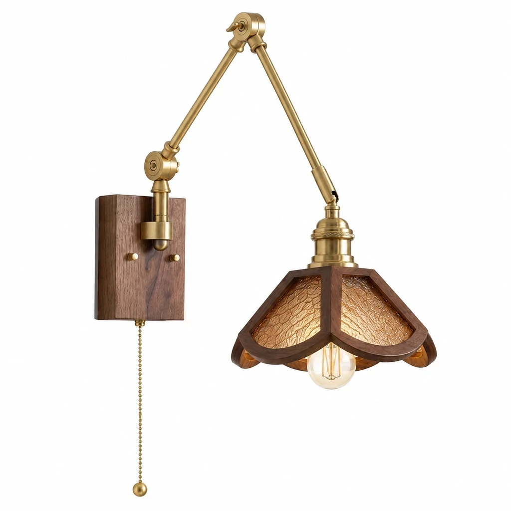 Wushlp Vintage Adjustable Ash-Wood and Copper Wall Light on a clean white background