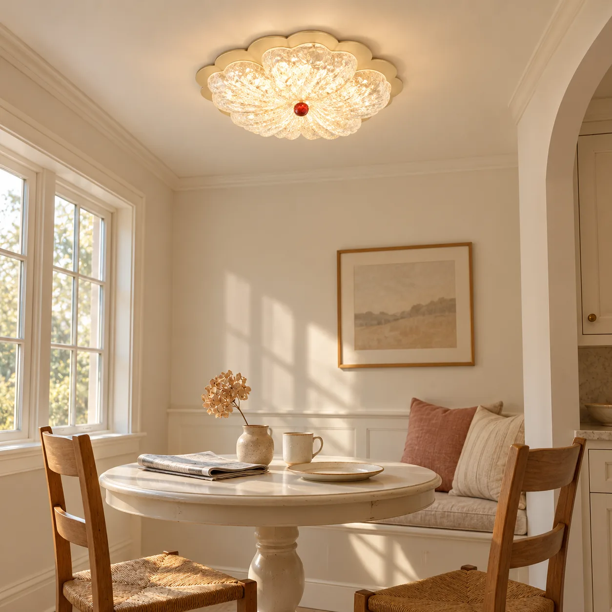 Cream floral flush mount in a breakfast nook