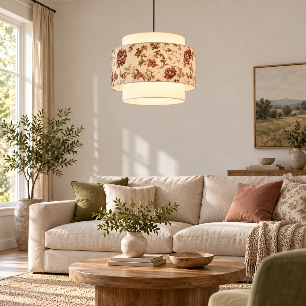 Mina Chinese Vintage Printed Iron Wood Fabric Pendant Light in a living room