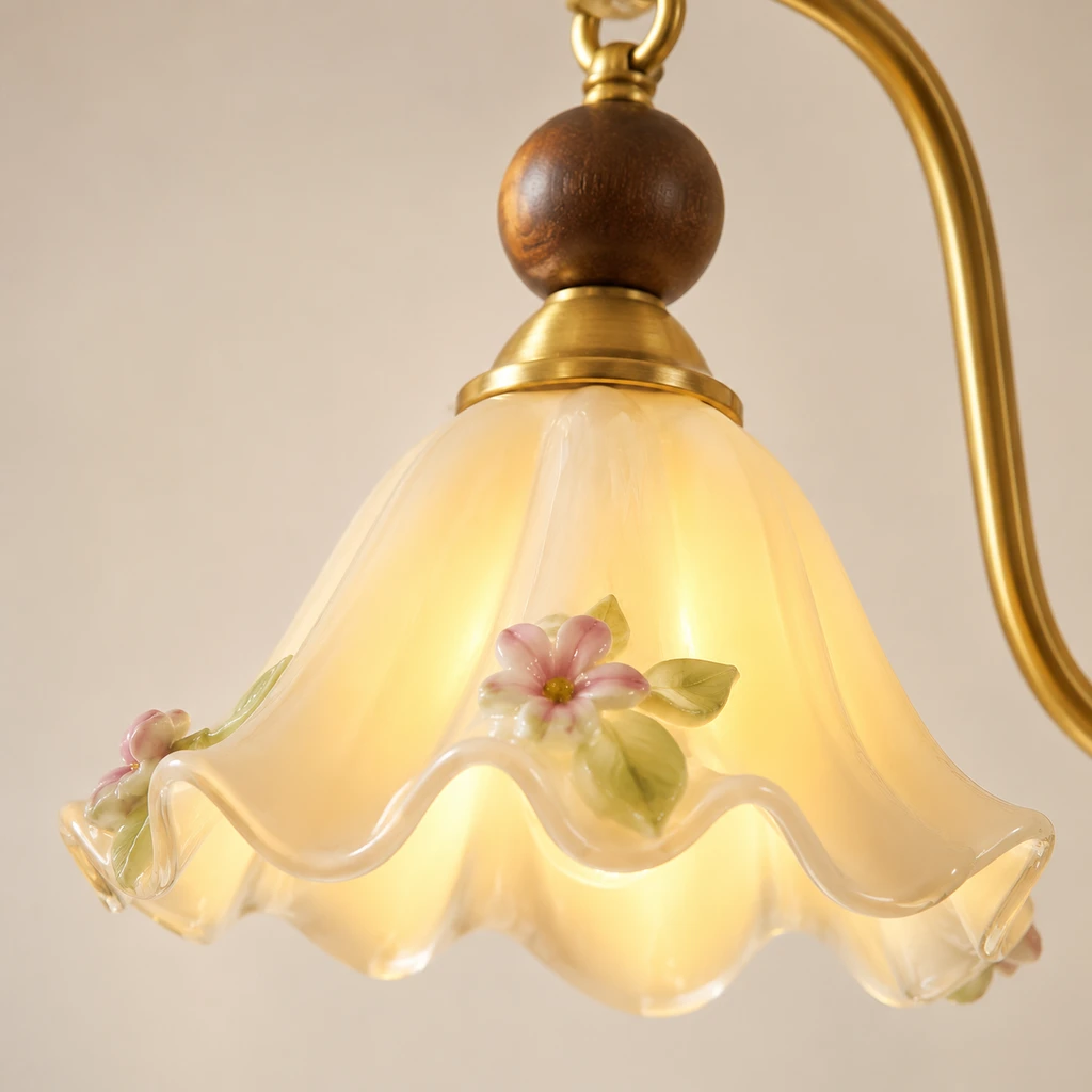 Close detail of a scalloped floral shade