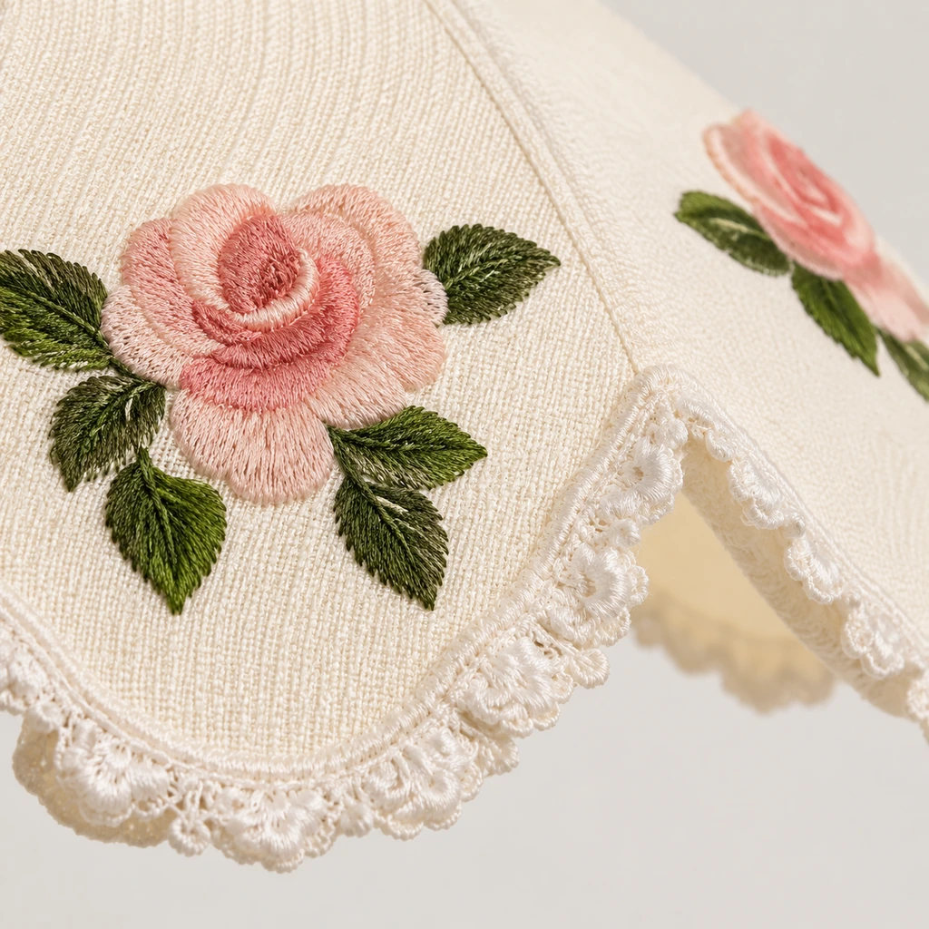 Close detail of the flower embroidery and leaves