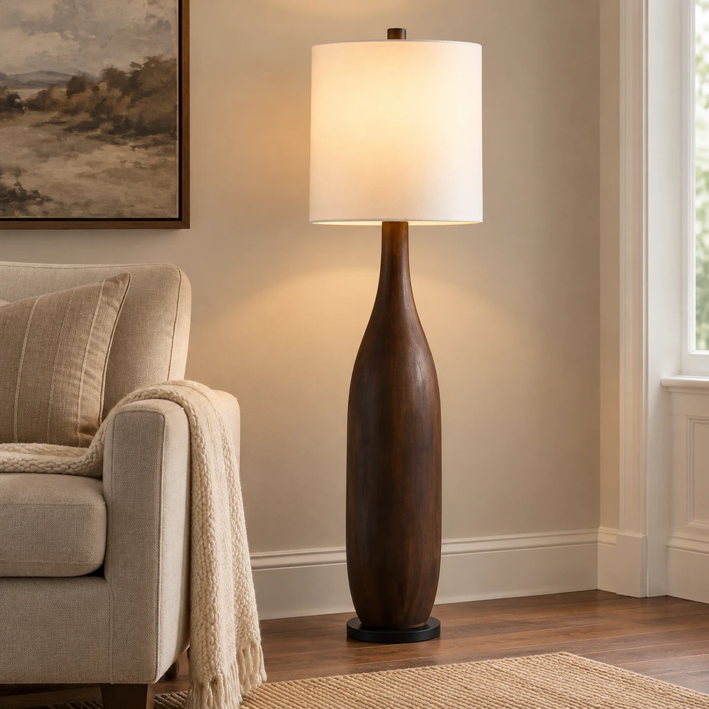 Amelia American Rustic Turned Wood and Fabric Floor Lamp, Dark Coffee - 45 cm wide x 160 cm high, core product view in a restrained interior