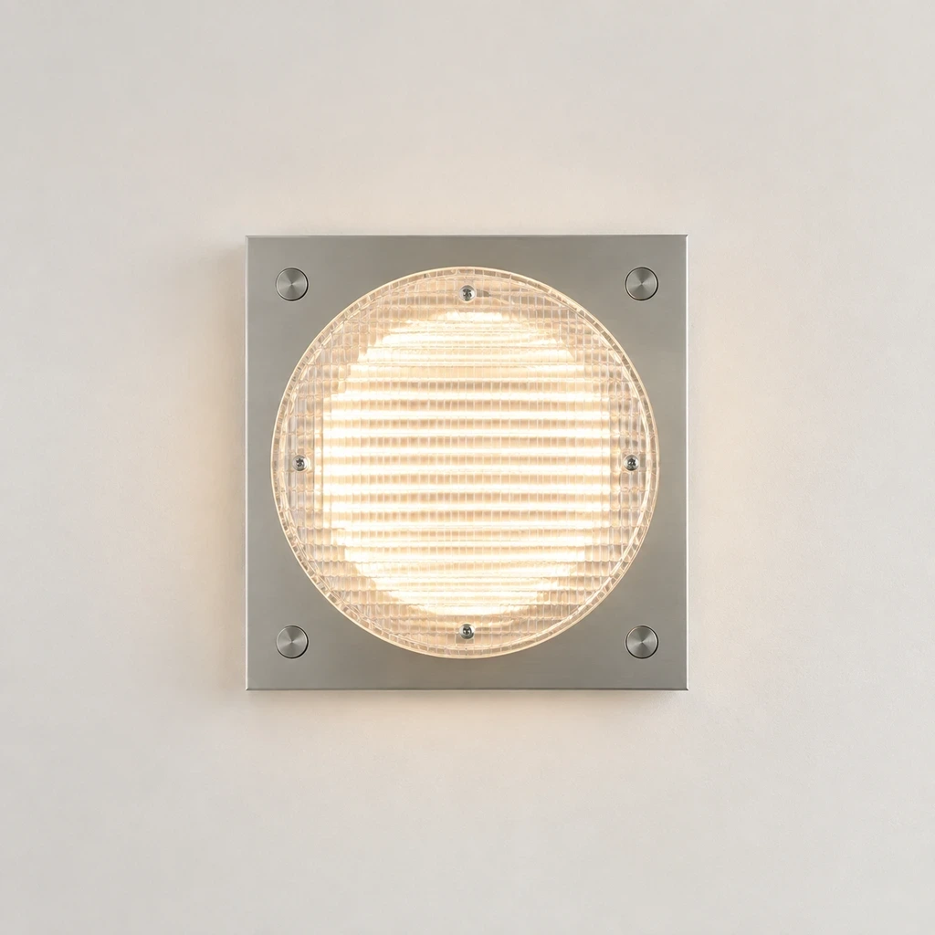 Mira Bauhaus Ribbed Acrylic Iron Wall Sconce switched on in a neutral studio