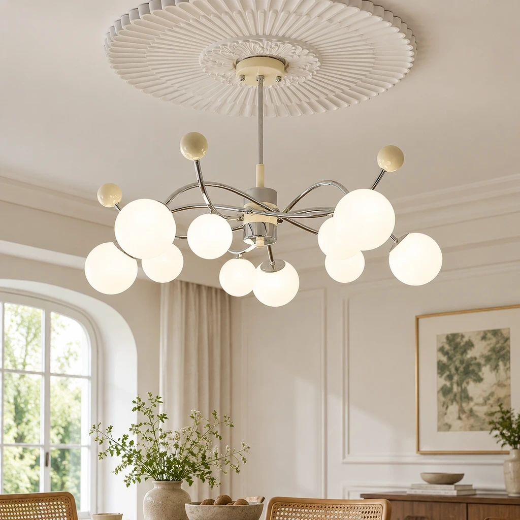 Nora Vintage Multi-Light Glass Iron Chandelier installed in a bright interior