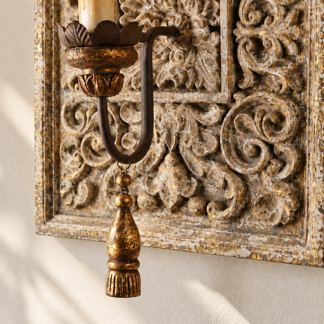 Elena Vintage Carved Wood Wall Sconce — detail