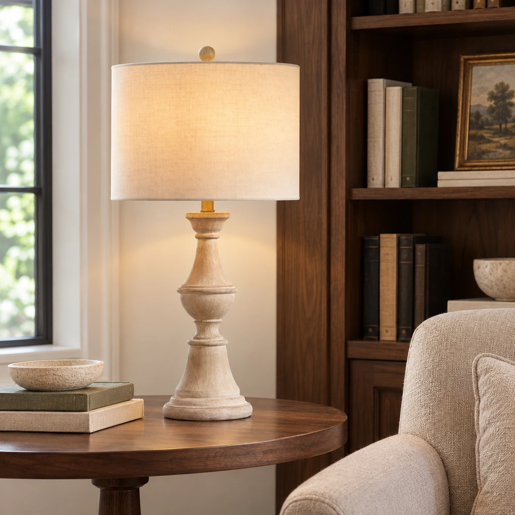 Elena American Vintage Carved Wood and Fabric Table Lamp, Aged Wood, library setting