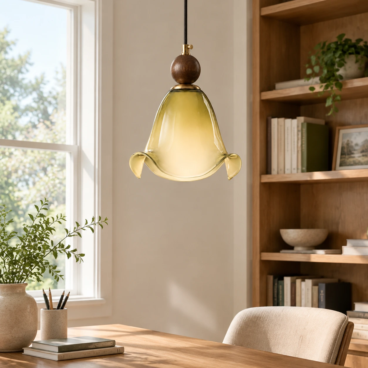 Finn Vintage Floral Walnut Wood and Metal Pendant Light - generated image 6
