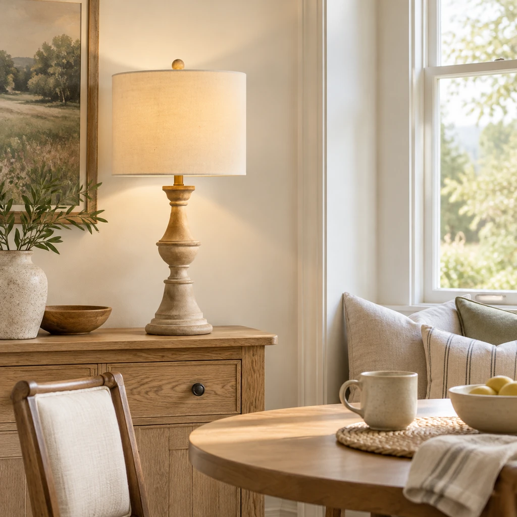 Elena American Vintage Carved Wood and Fabric Table Lamp, Aged Wood, medium-near dining setting