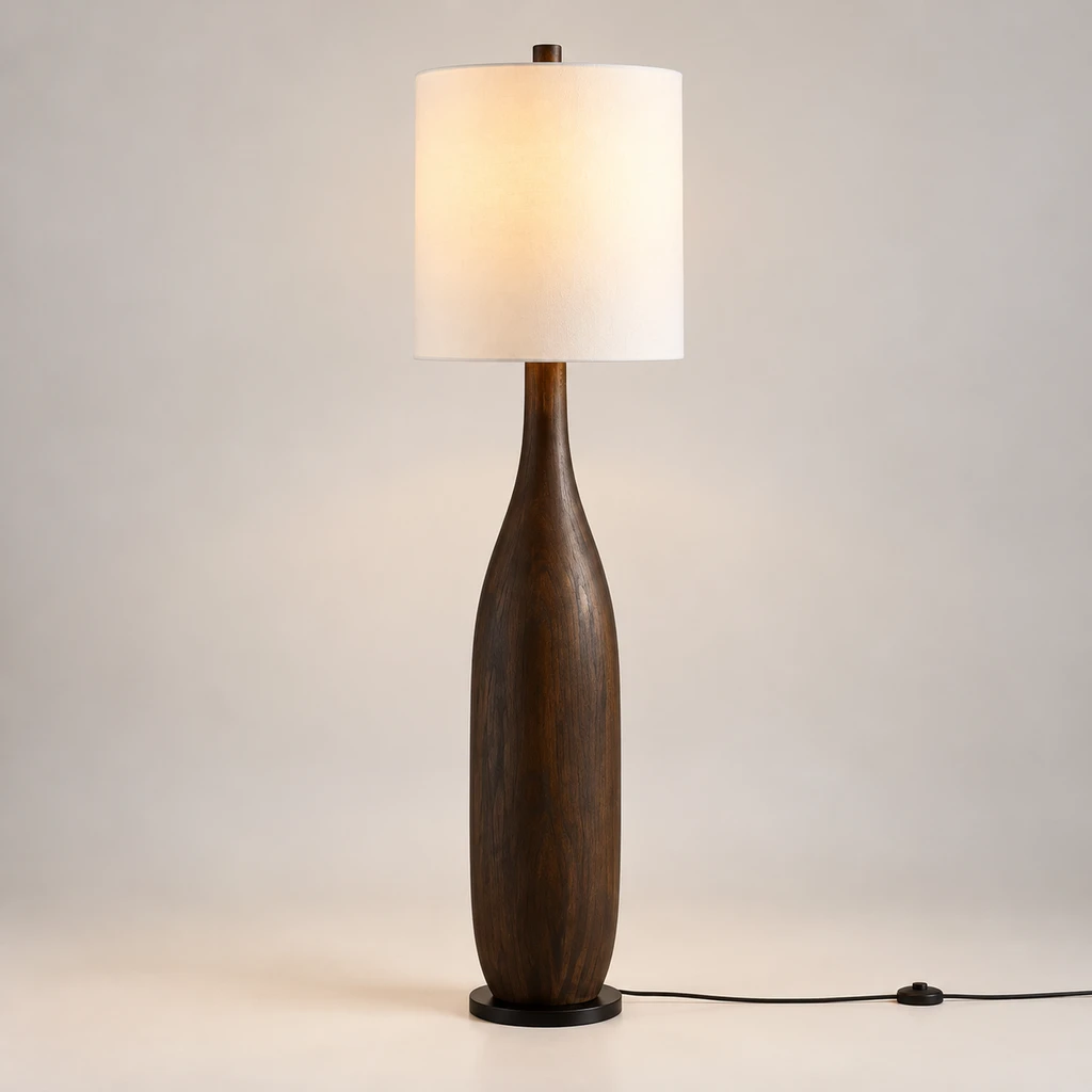 Amelia American Rustic Turned Wood and Fabric Floor Lamp, Dark Coffee - 45 cm wide x 160 cm high, switched-on product in a neutral studio