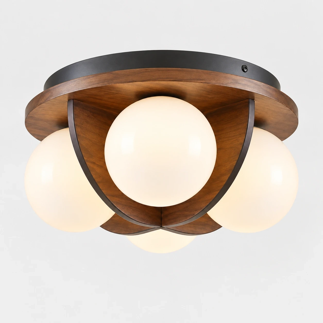 Wushlp Vintage Bean Walnut Wood and Metal Flush Mount Ceiling Light switched on in a neutral studio