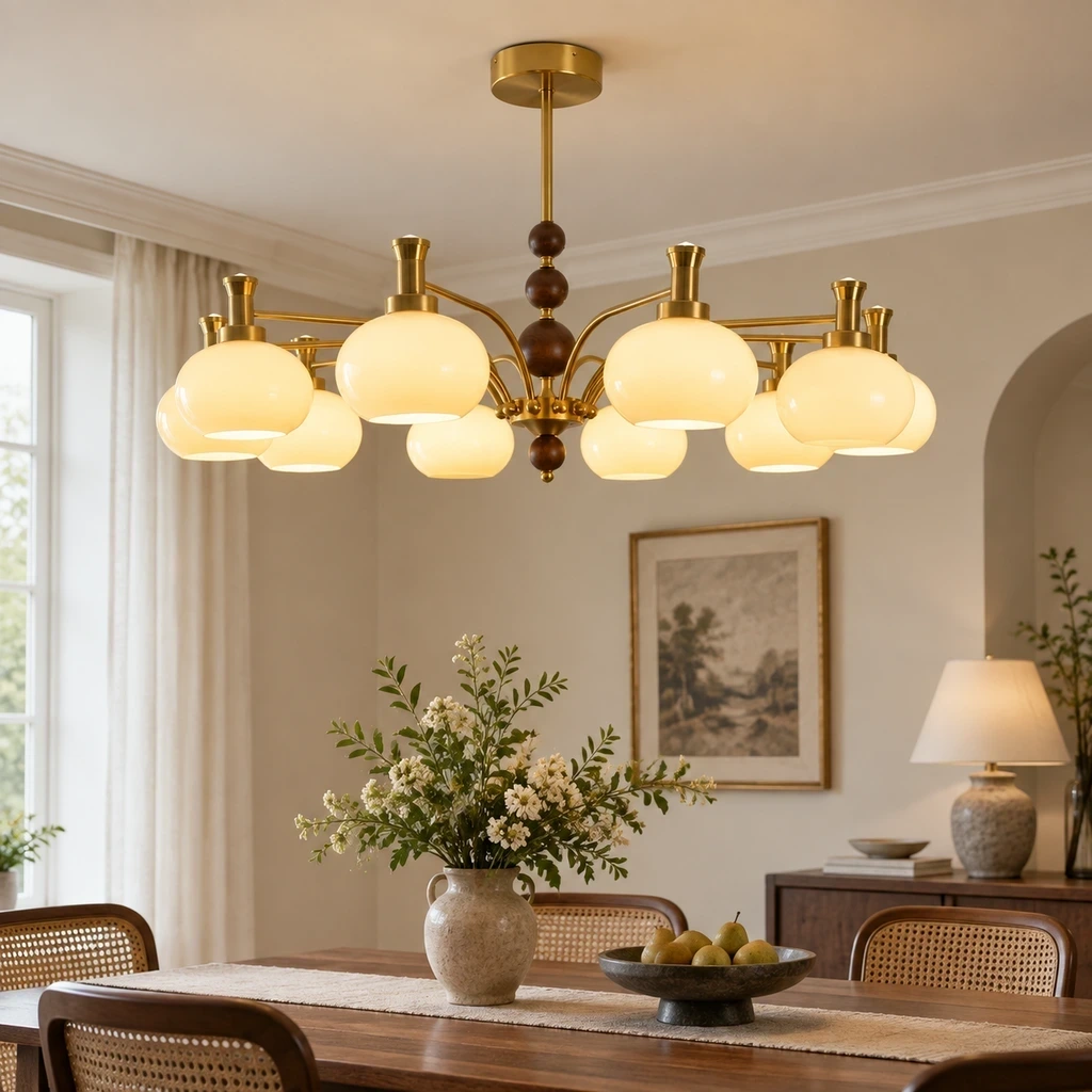 Maeve French Multi-Light Glass Wood Chandelier in a dining or living setting