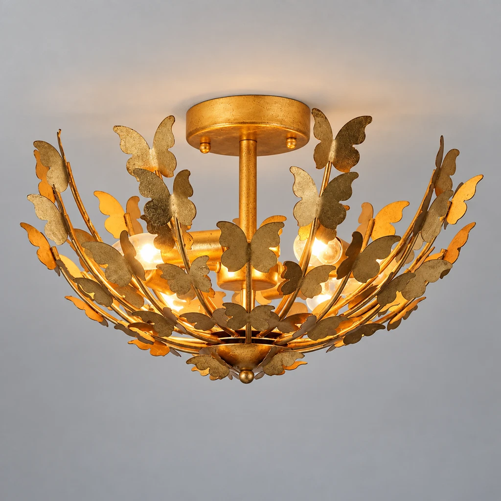 Elena butterfly iron ceiling light illuminated in a neutral studio
