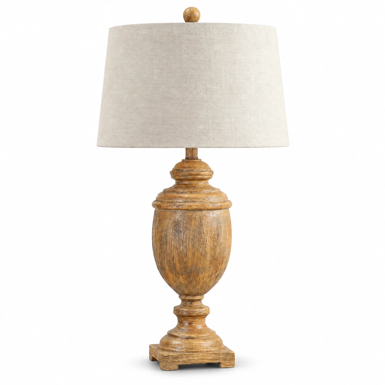 Ellis rustic distressed urn solid-wood table lamp with cream shade on white background