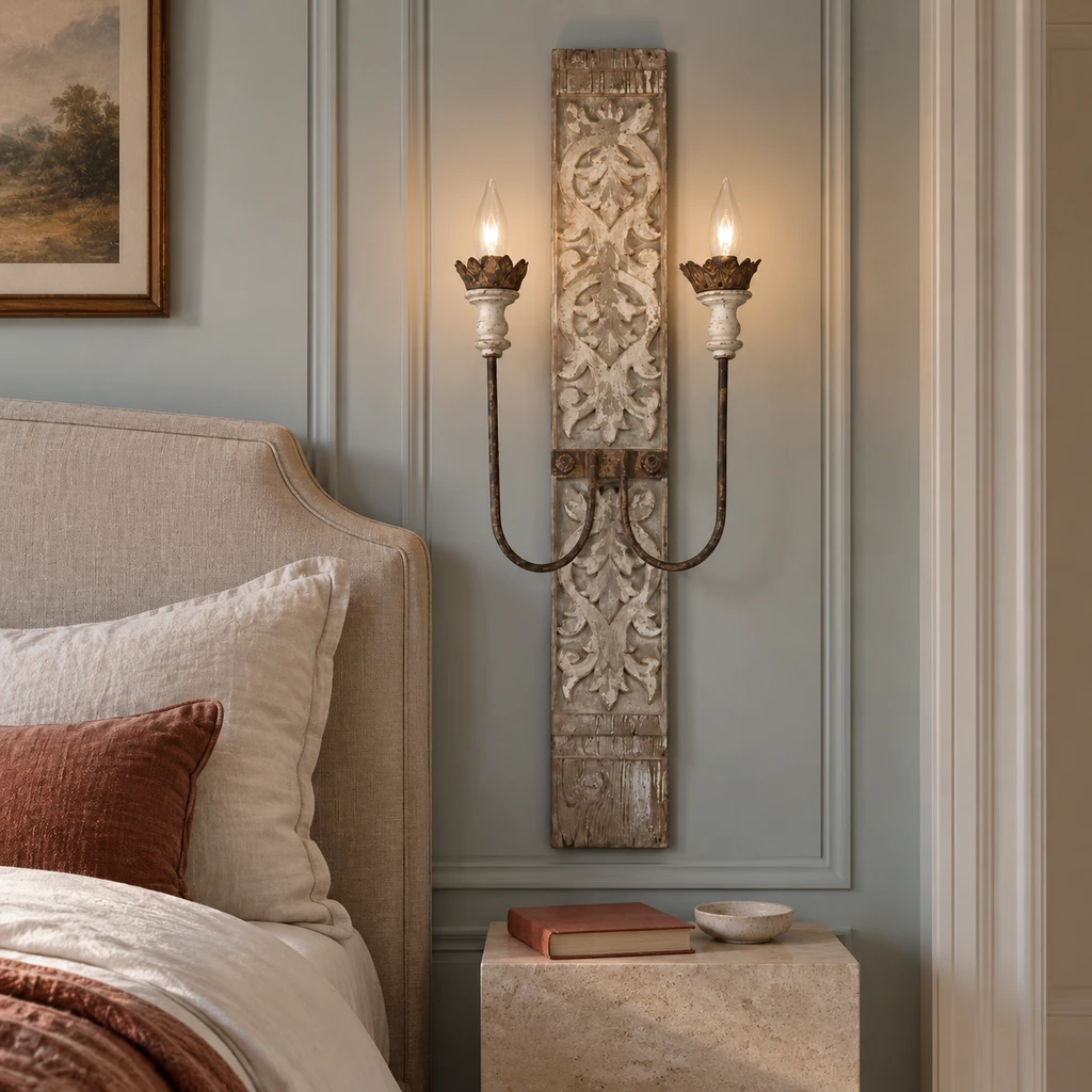 Marielle wall sconce beside an upholstered bedroom setting