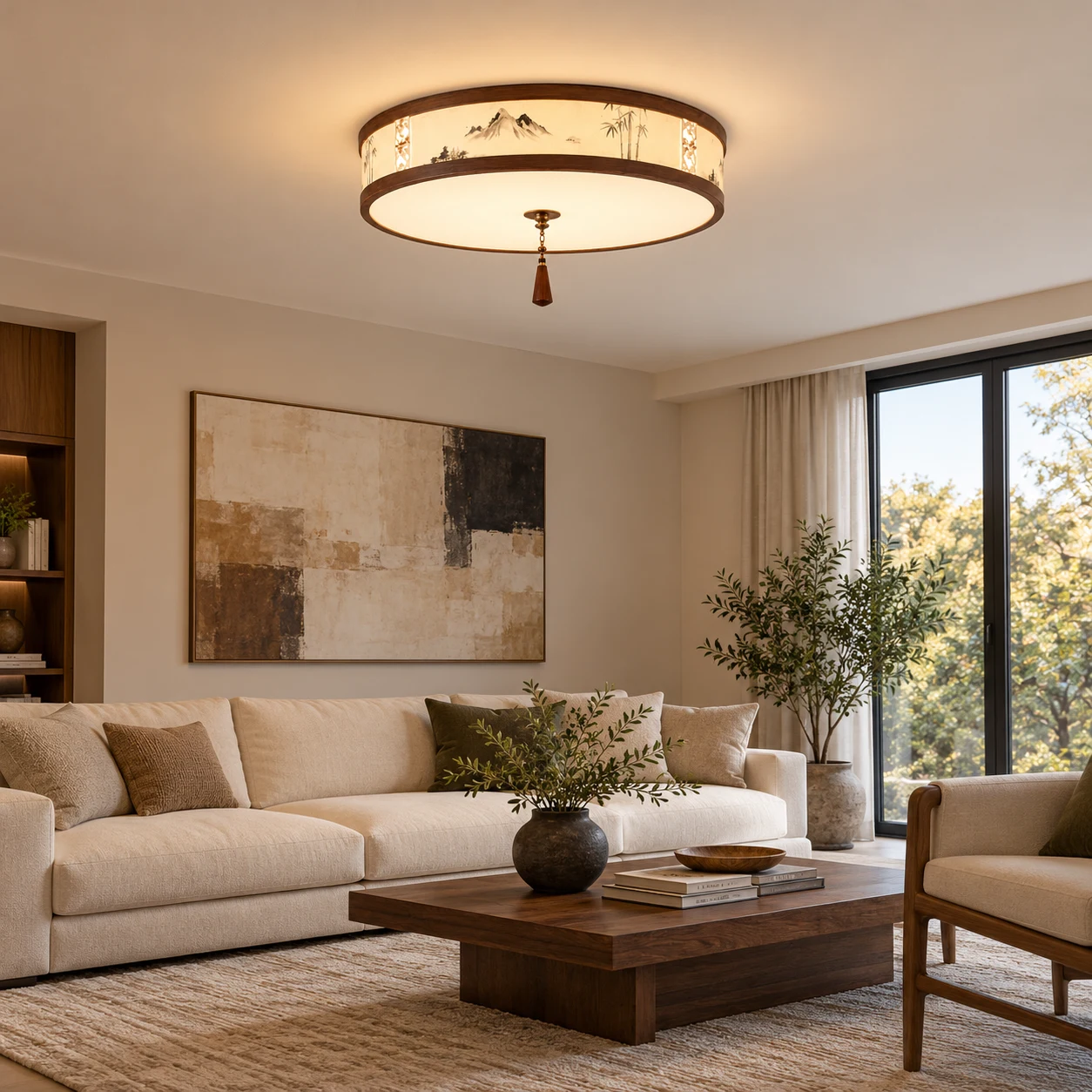 Mei landscape fabric flush mount ceiling light in a modern living room