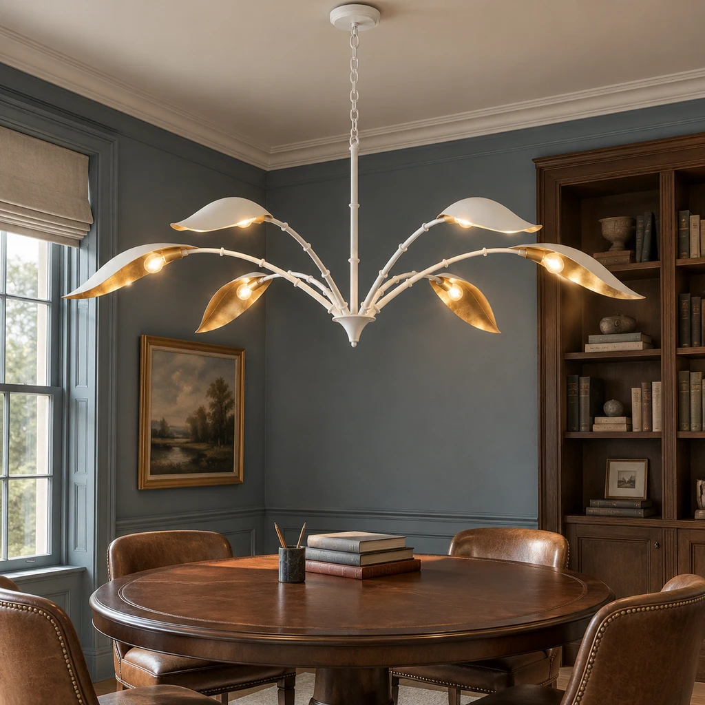 Elowen white chandelier above a home library table