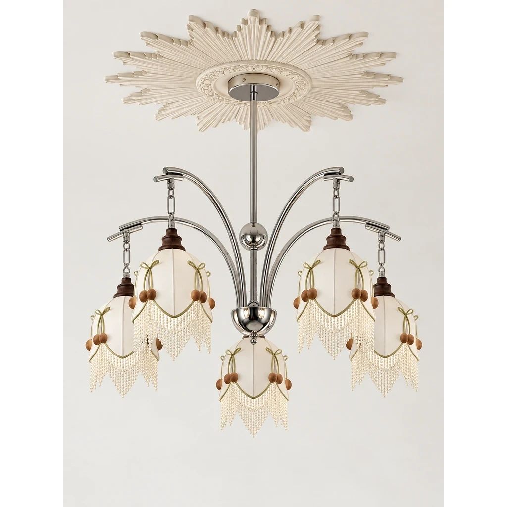 Lucia branching floral fabric chandelier switched off in a neutral studio