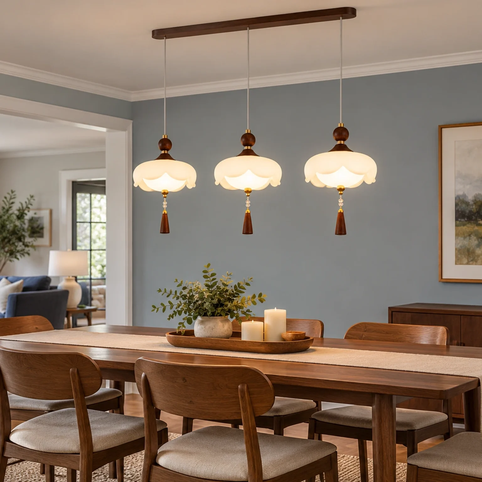 Mara chandelier over a dining table in an open living space