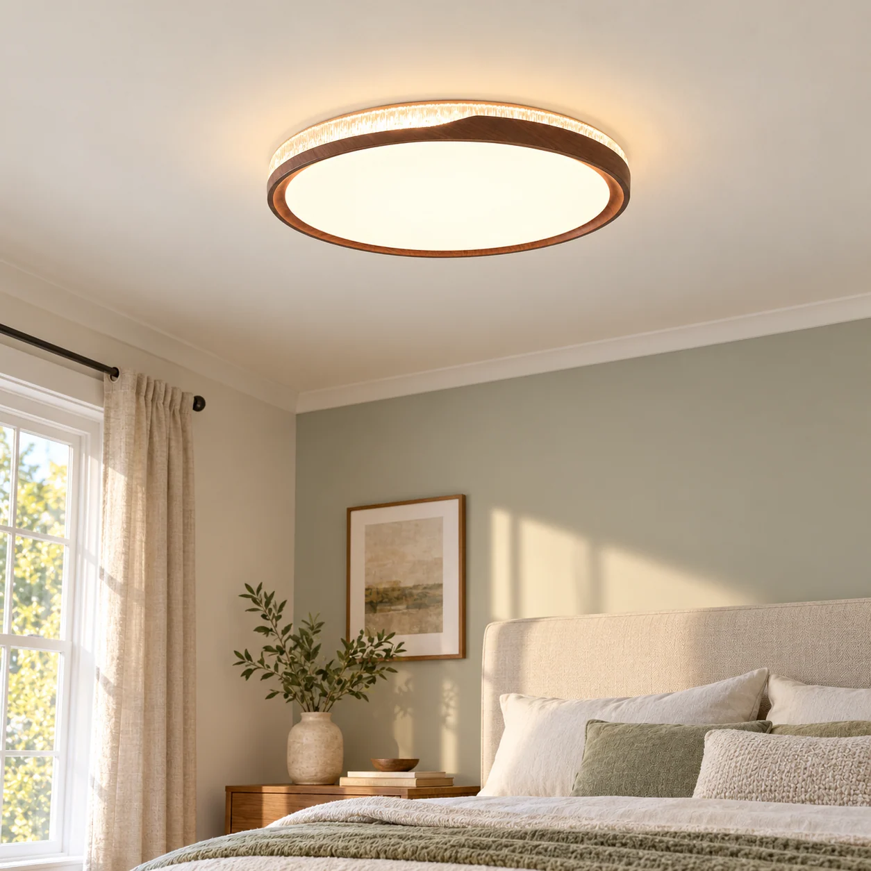 Sienna vintage round flush mount ceiling light near view in bedroom