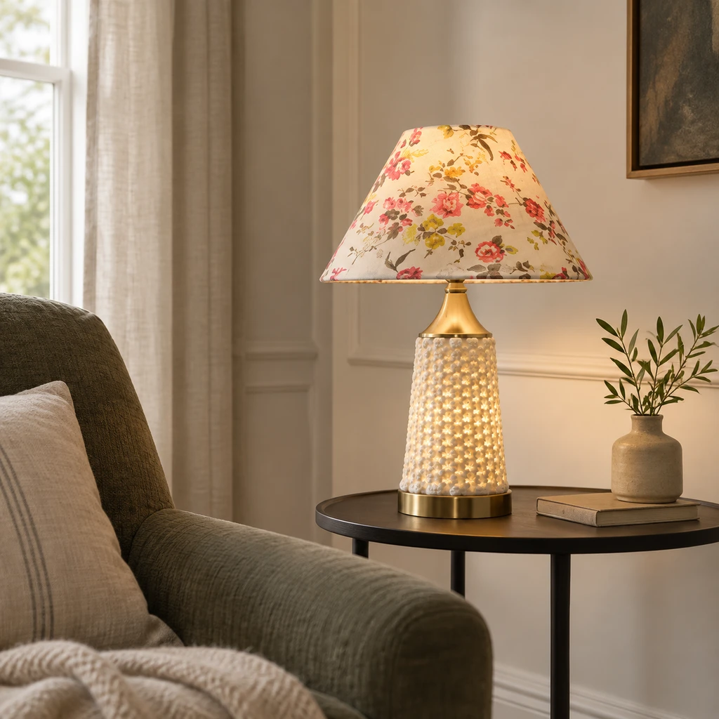 Clara table lamp beside a moss-grey lounge chair