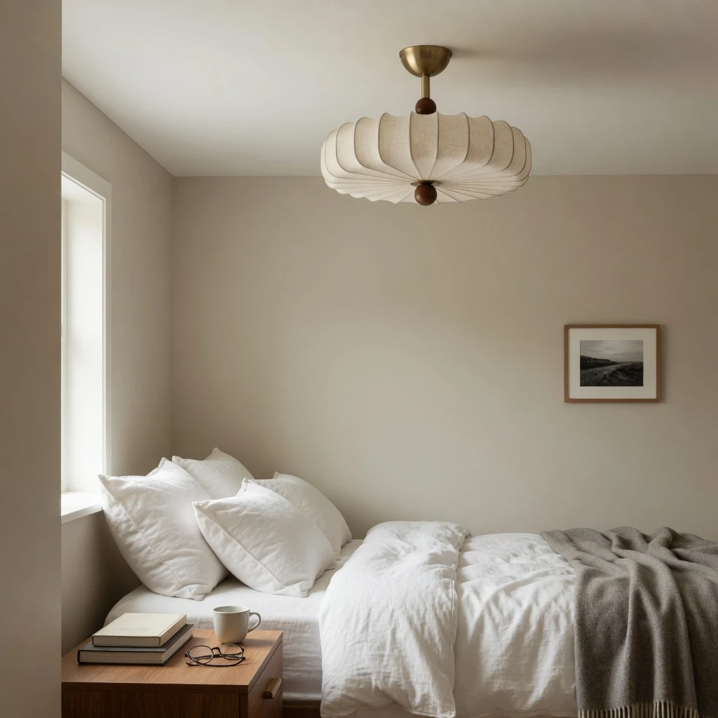Bedroom scene with the flush mount above the bed