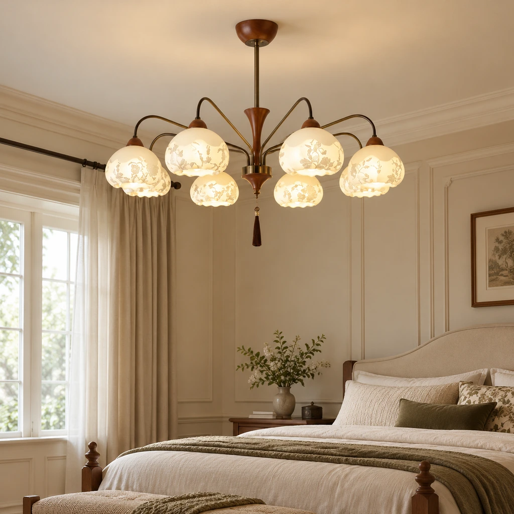 Elowen chandelier above a pale linen bed