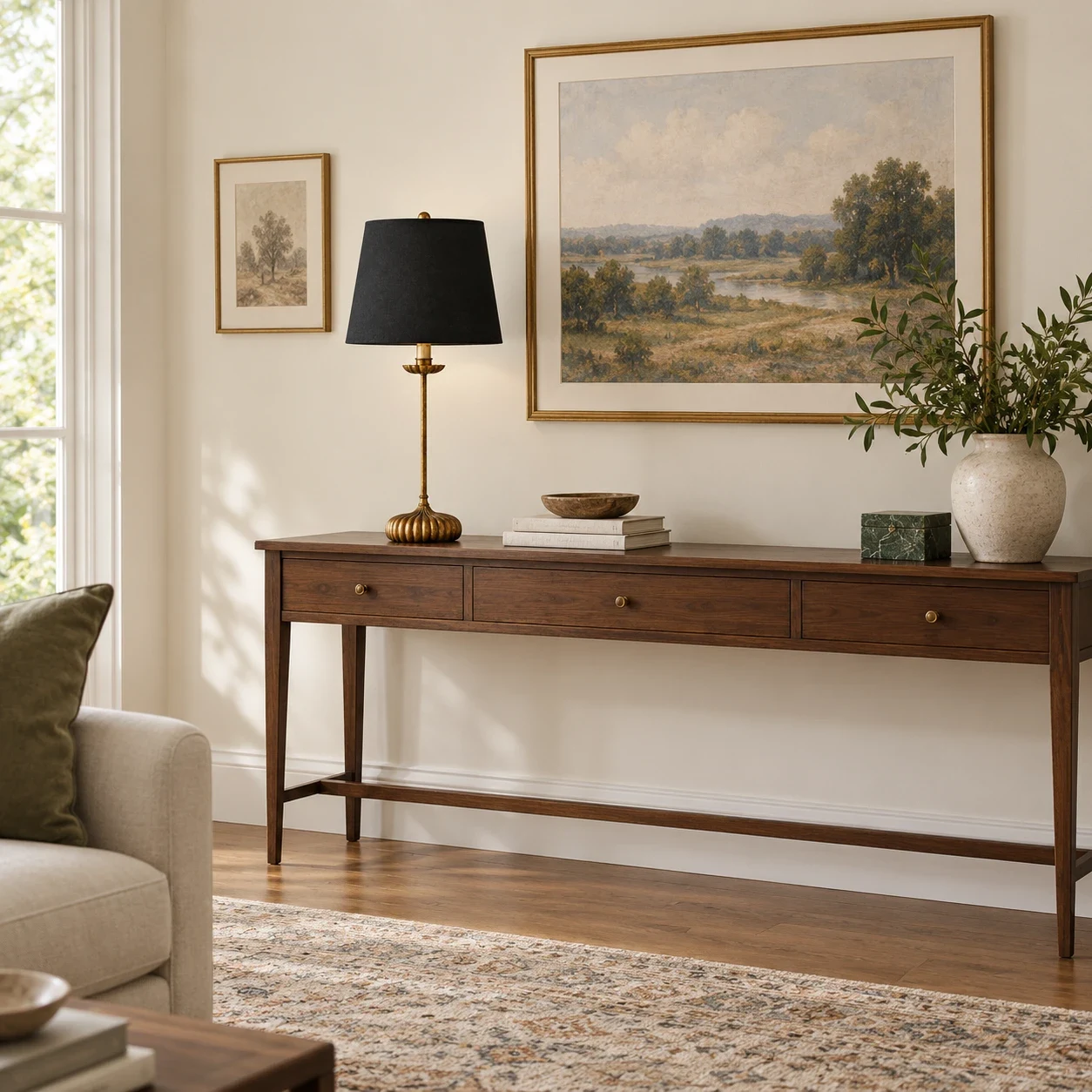 Clove table lamp with black shade on a cream living-room console