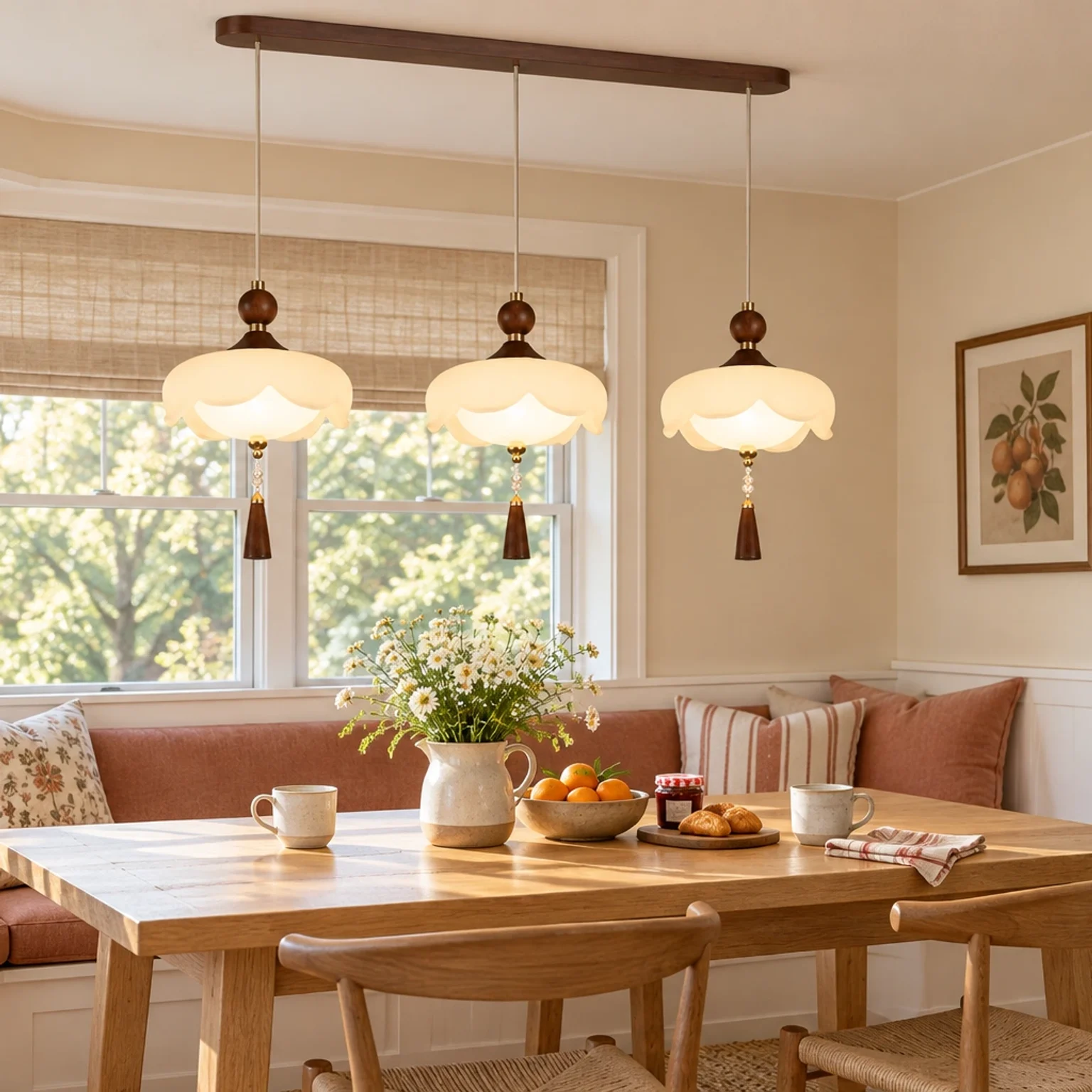 Mara linear chandelier over a breakfast banquette table