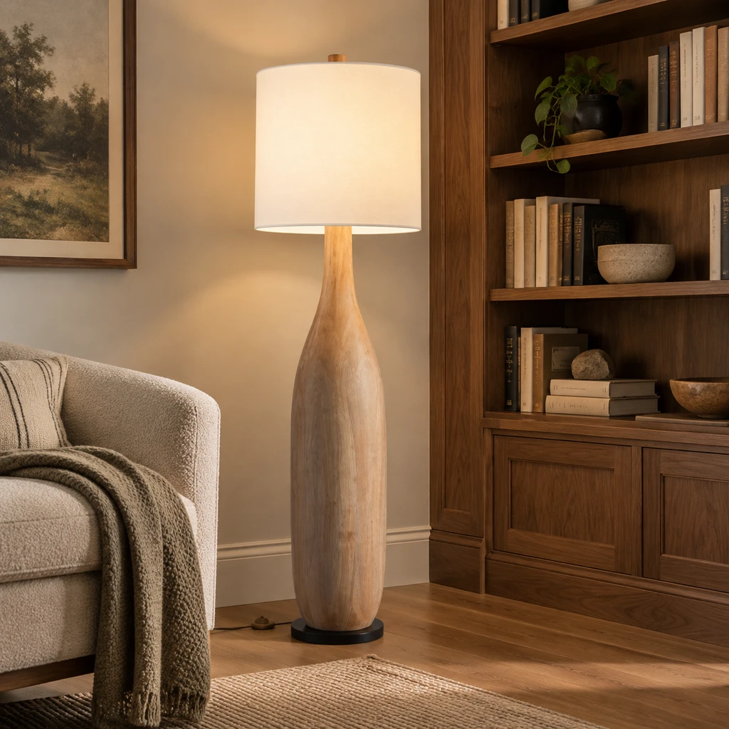 Amelia American Rustic Turned Wood and Fabric Floor Lamp, Natural Wood - 45 cm wide x 160 cm high, library setting