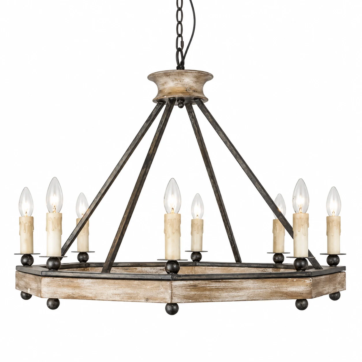 Adeline wood and iron chandelier isolated on white