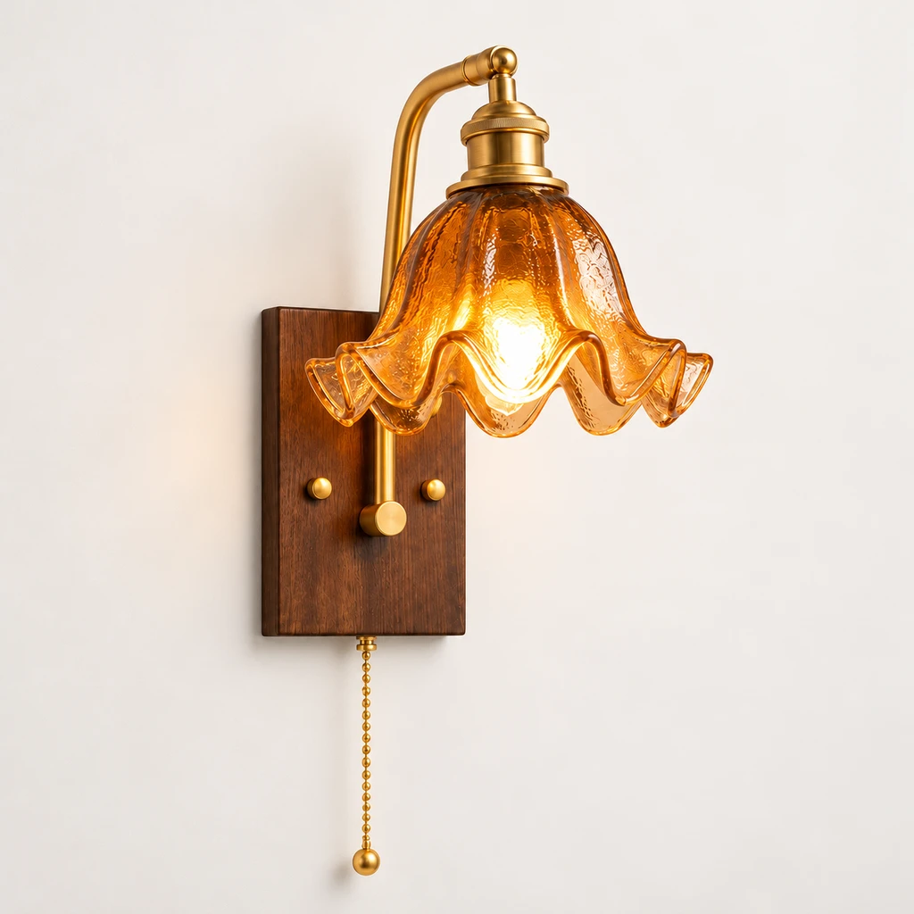 Nora amber glass petal wall sconce switched on