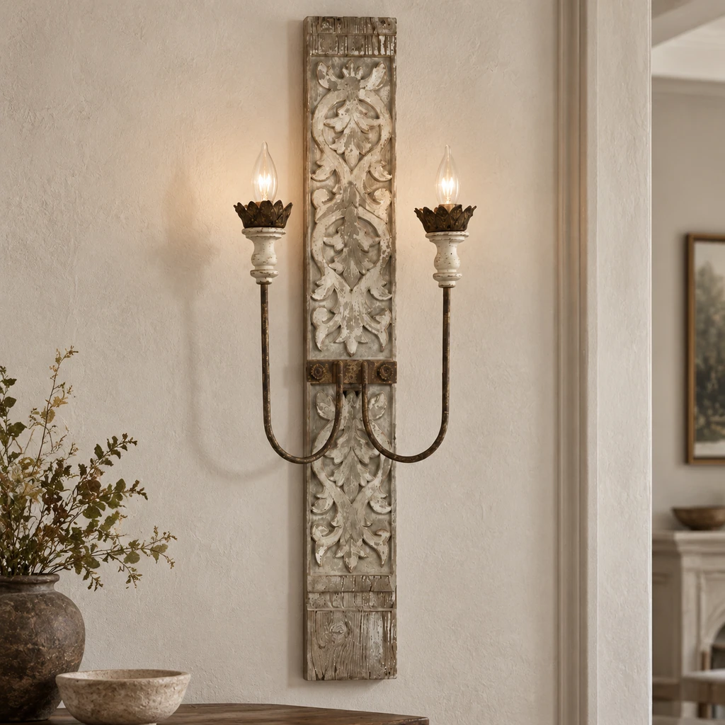 Marielle carved fir wood wall sconce illuminated on lime plaster