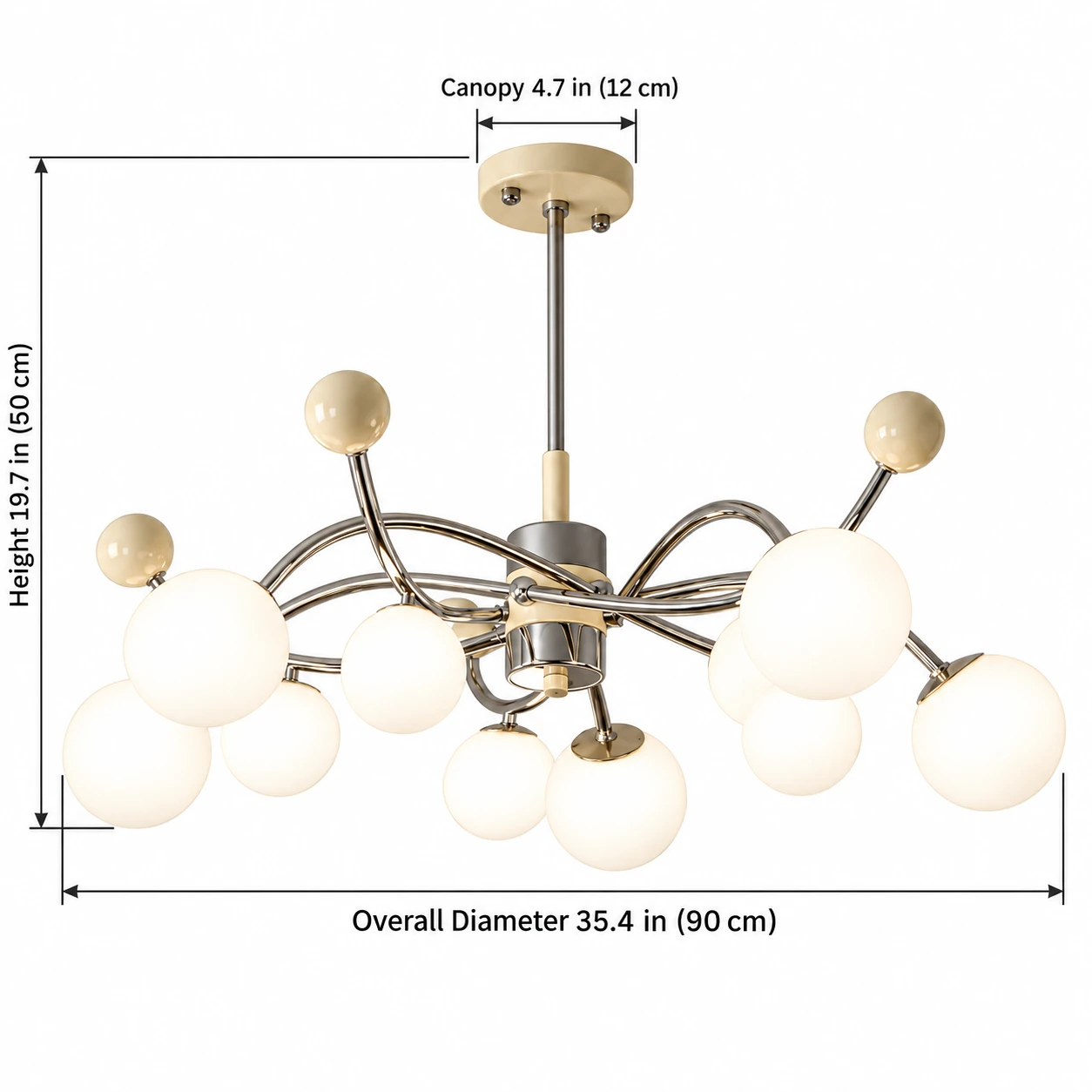 10 Lights dimensions: diameter 35.4 in (90 cm), height 19.7 in (50 cm), canopy 4.7 in (12 cm)