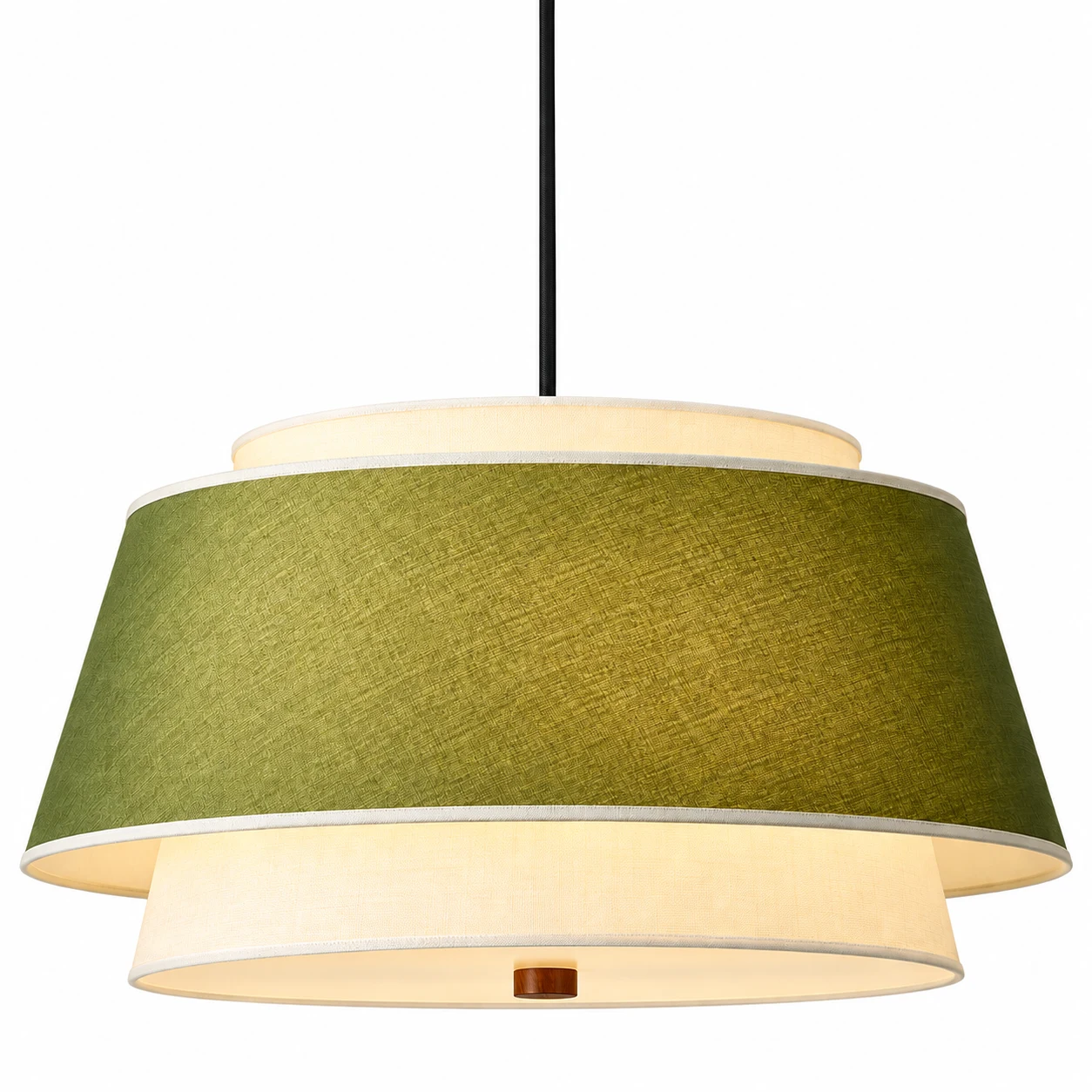 Liora Vintage Double-Tier Fabric and Wood Pendant Light, Forest Green, on a clean white background