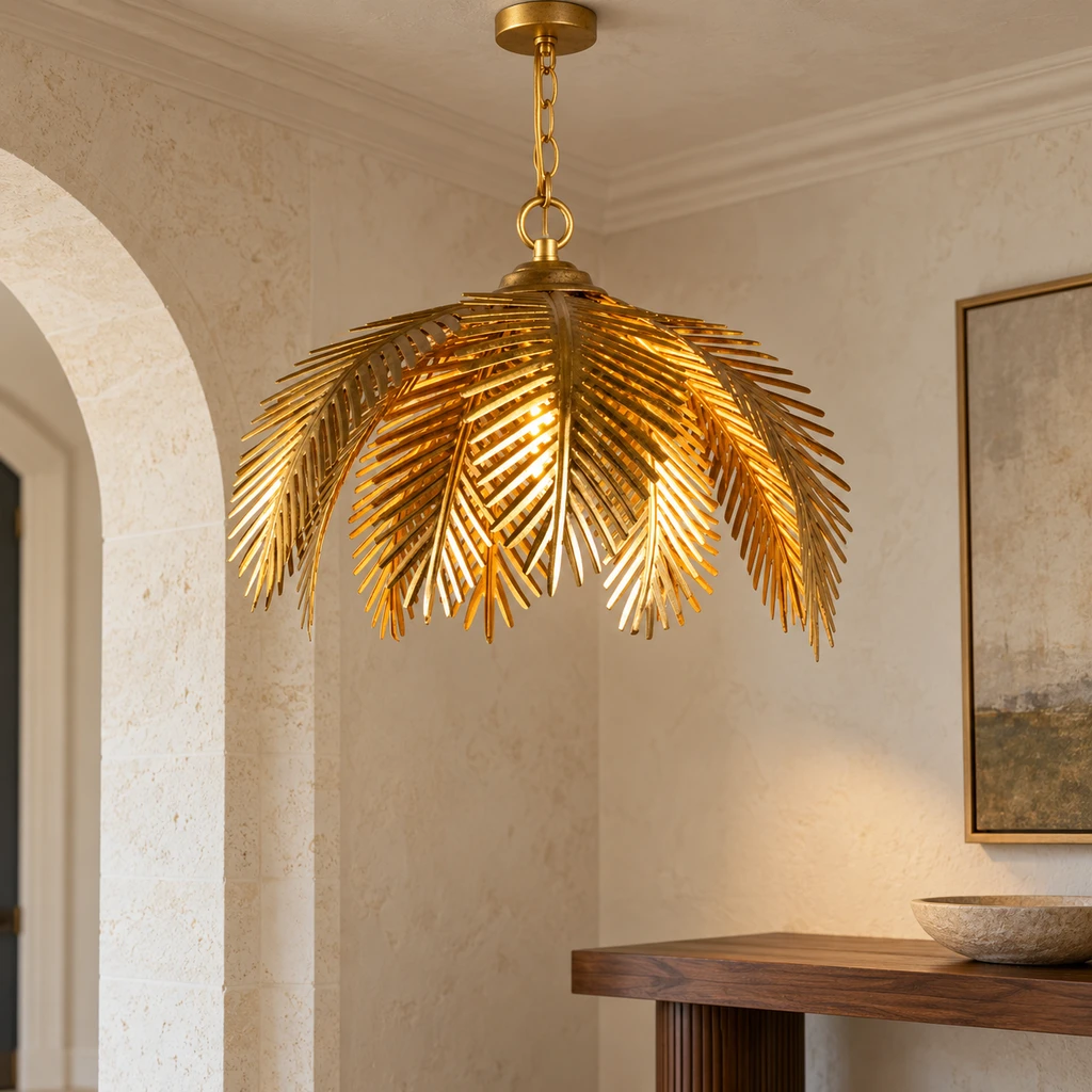 Mila European Vintage Leaf-Branch Iron Chandelier, Gold - Single Light, close architectural setting