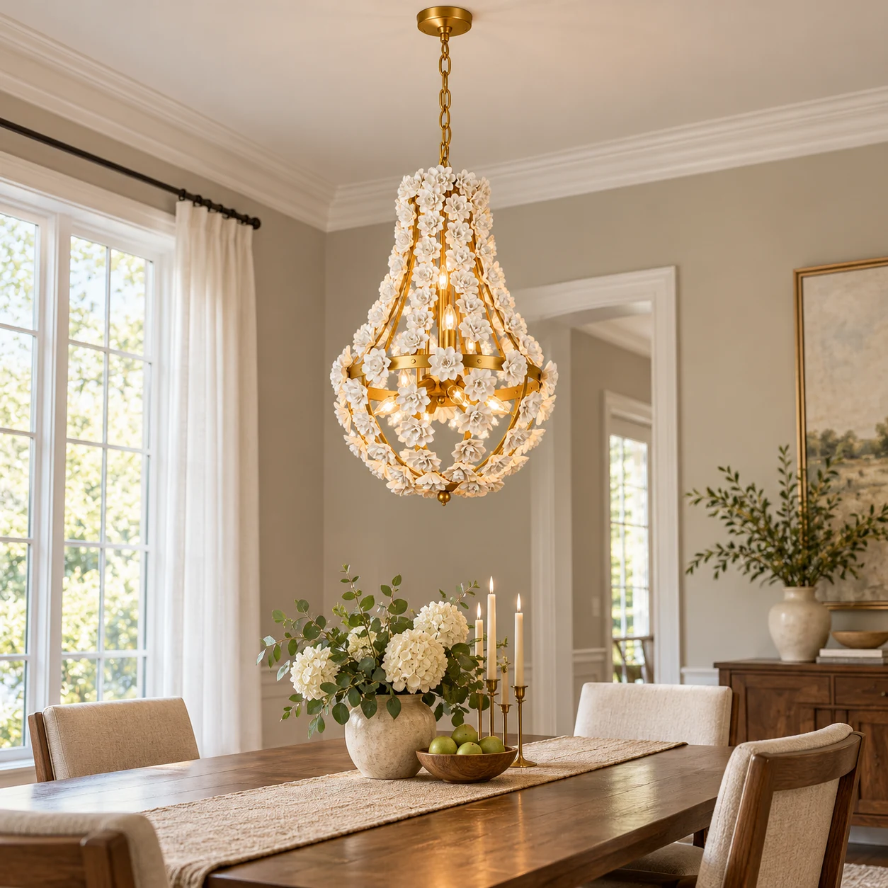 Gold floral teardrop chandelier above an American dining table
