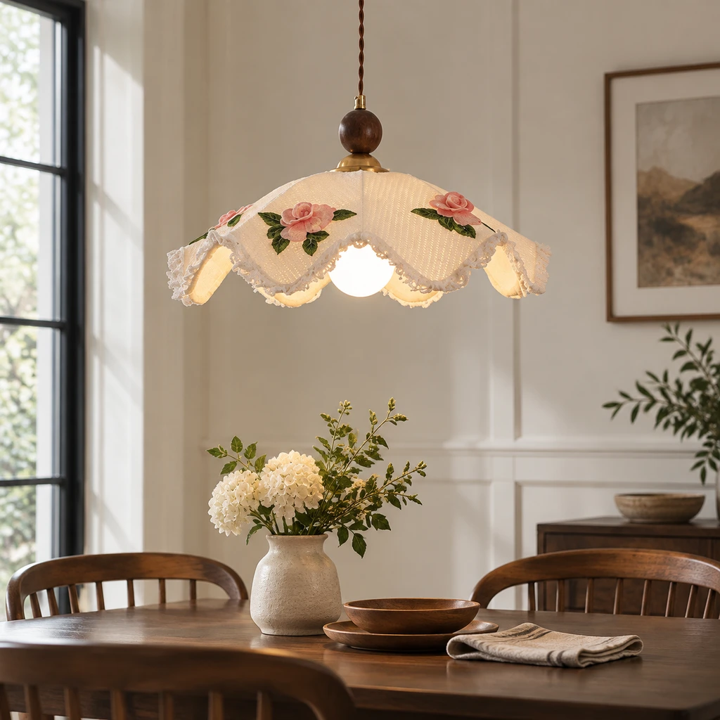 Nora floral fabric pendant light above a walnut dining table