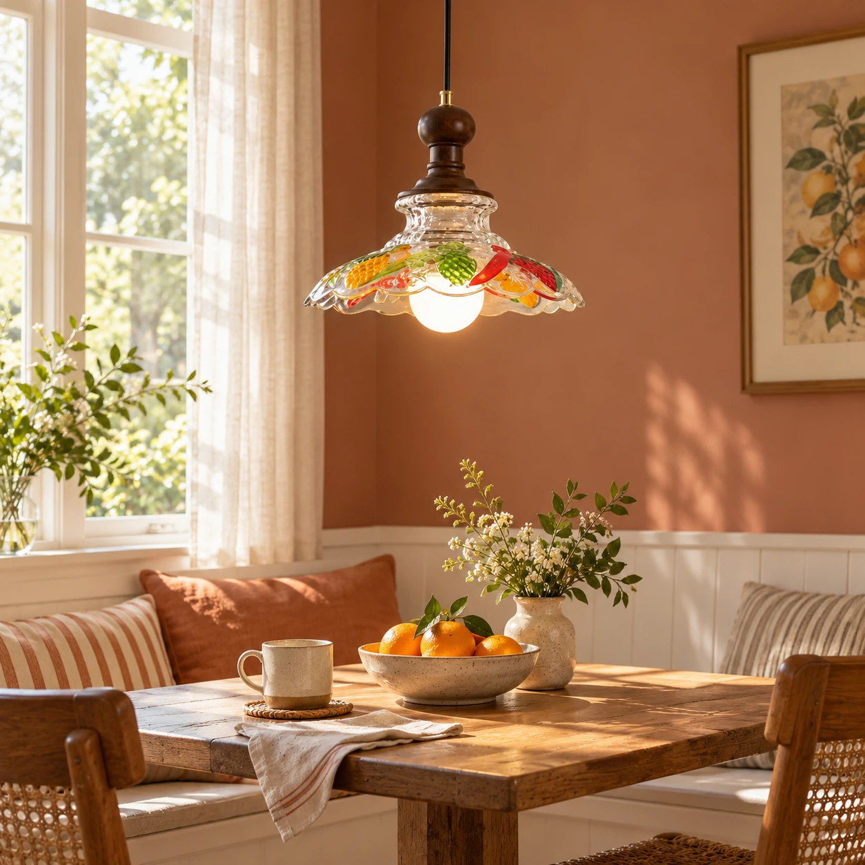 Painted glass pendant light over a breakfast nook