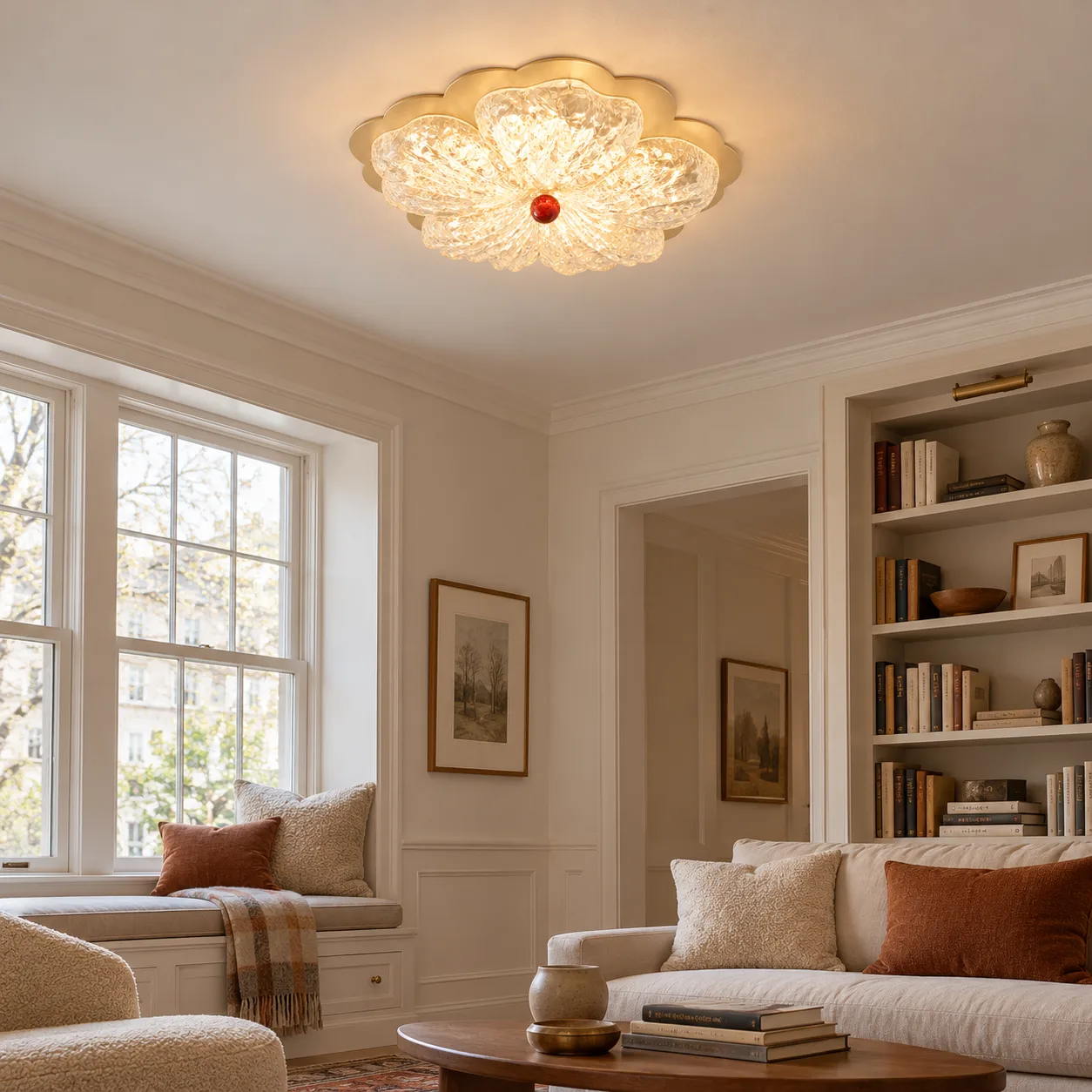 Cream floral flush mount in a sitting room