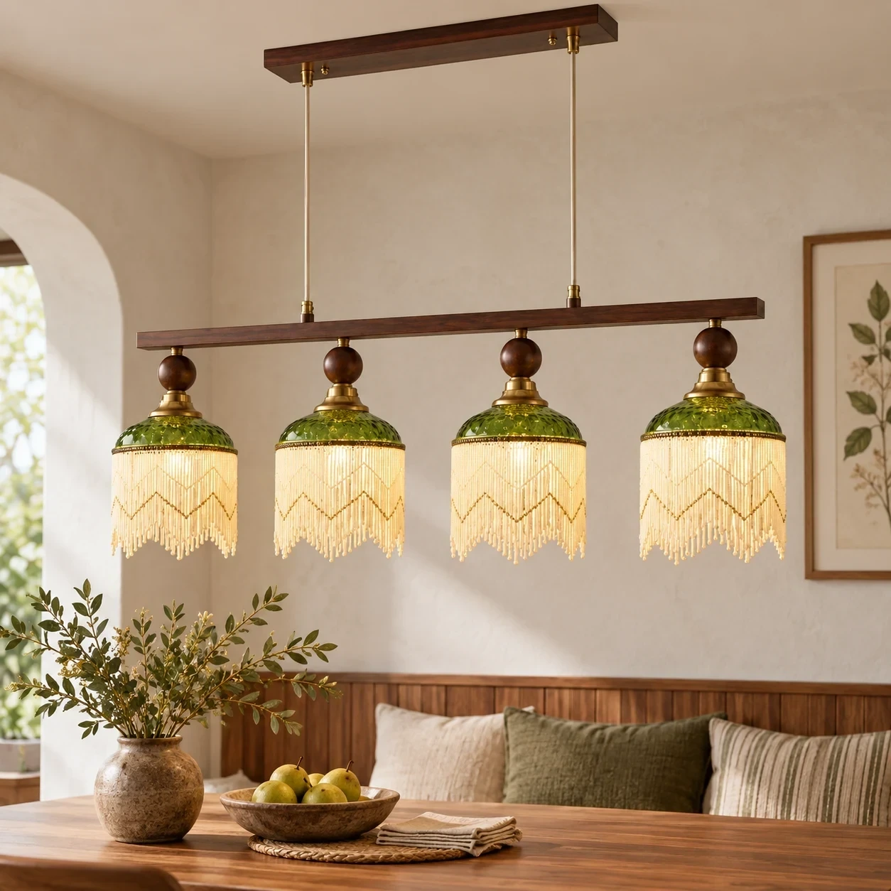 Wushlp Vintage Four-Light Green Glass Linear Pendant Light in a bright kitchen