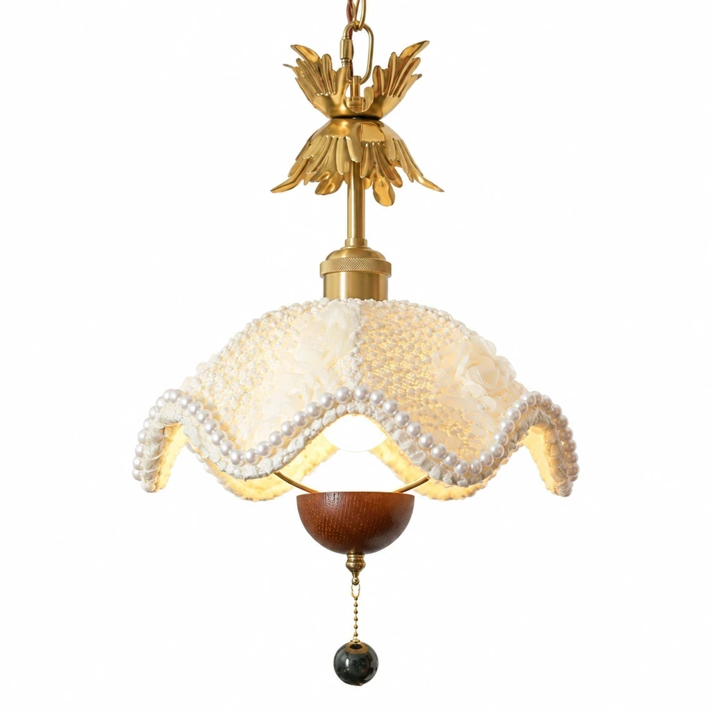 Close detail of Sophie Floral Fabric Iron Pendant Light light behavior